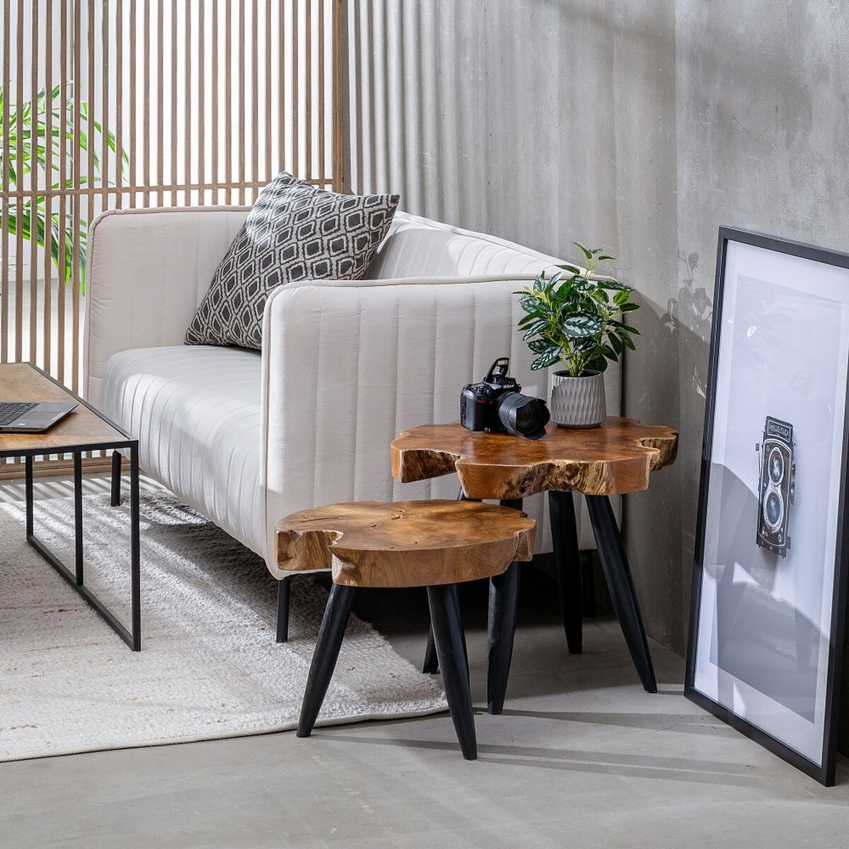 Вспомогательный стол Натуральный Чёрный древесина тика 50 x 50 x 40 cm-7