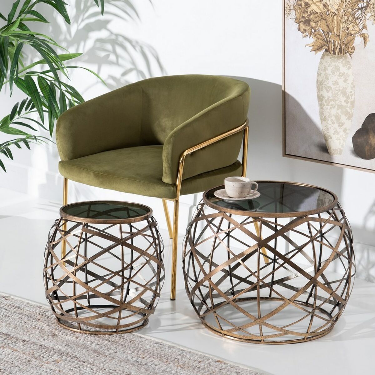 Вспомогательный стол 42 x 42 x 40 cm Стеклянный Серый Позолоченный Металл-6