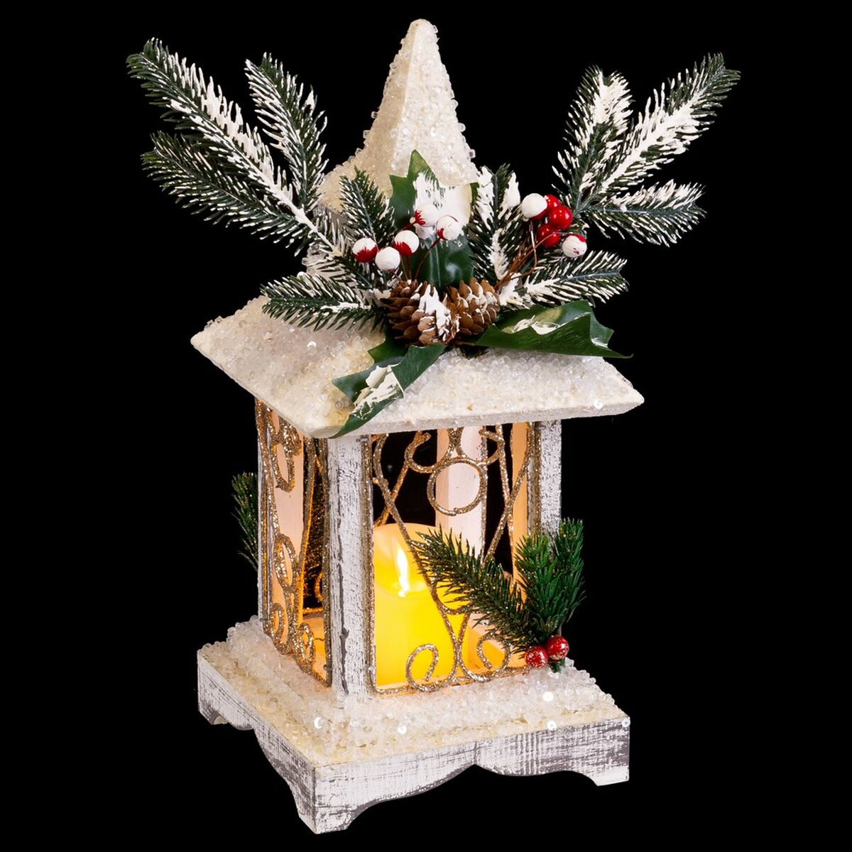 Decoración de Año Nuevo Linterna de plástico de madera blanca 14,5 x 14,5 x 32 cm-3