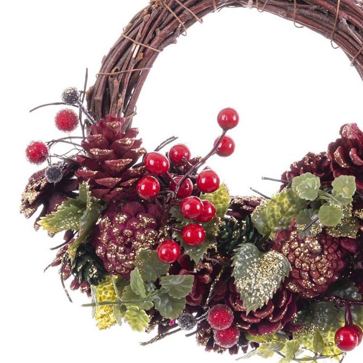 Corona de Navidad marrón rojo rota multicolor espuma de plástico piñas 24 x 22 x 8 cm-2