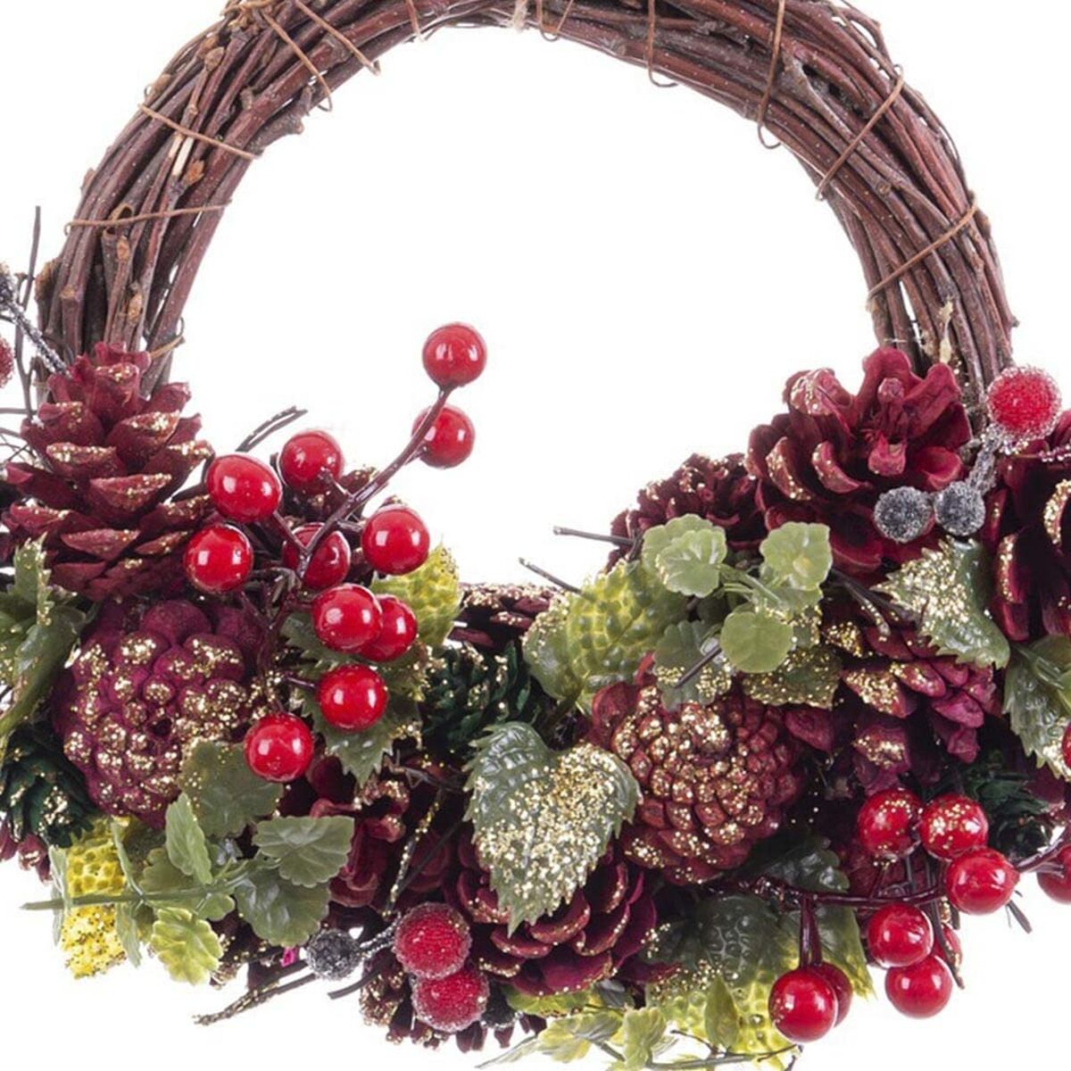 Corona de Navidad marrón rojo rota multicolor espuma de plástico piñas 24 x 22 x 8 cm-3