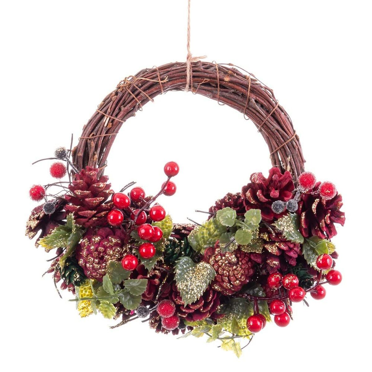 Corona de Navidad marrón rojo rota multicolor espuma de plástico piñas 24 x 22 x 8 cm-4