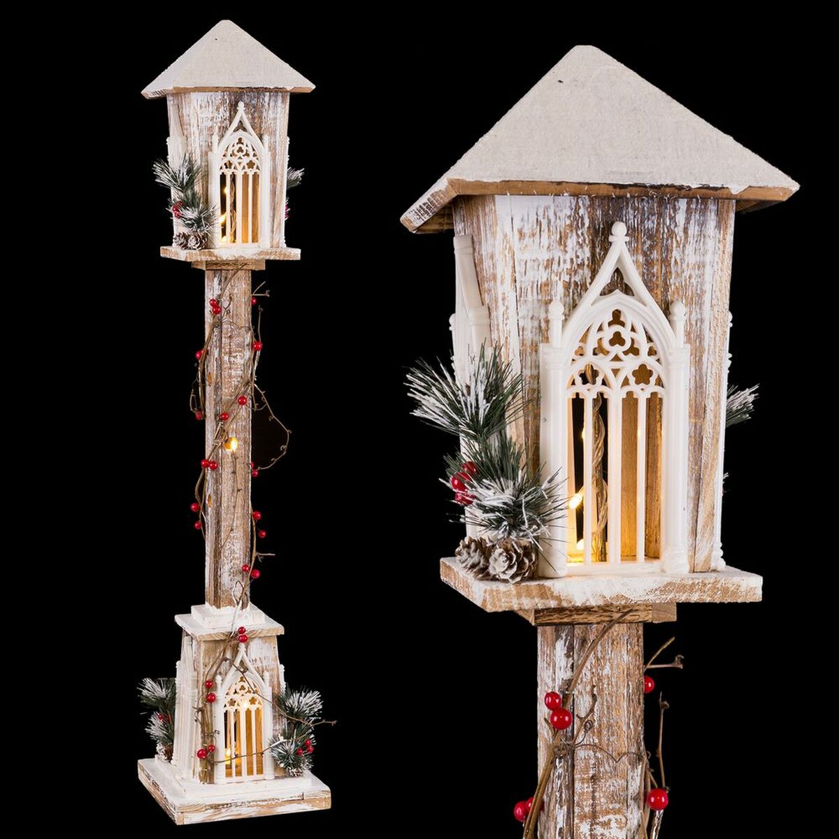 Новогоднее украшение Белый Зеленый Натуральный Деревянный Пластик Фонарь 21 x 21 x 100 cm-2