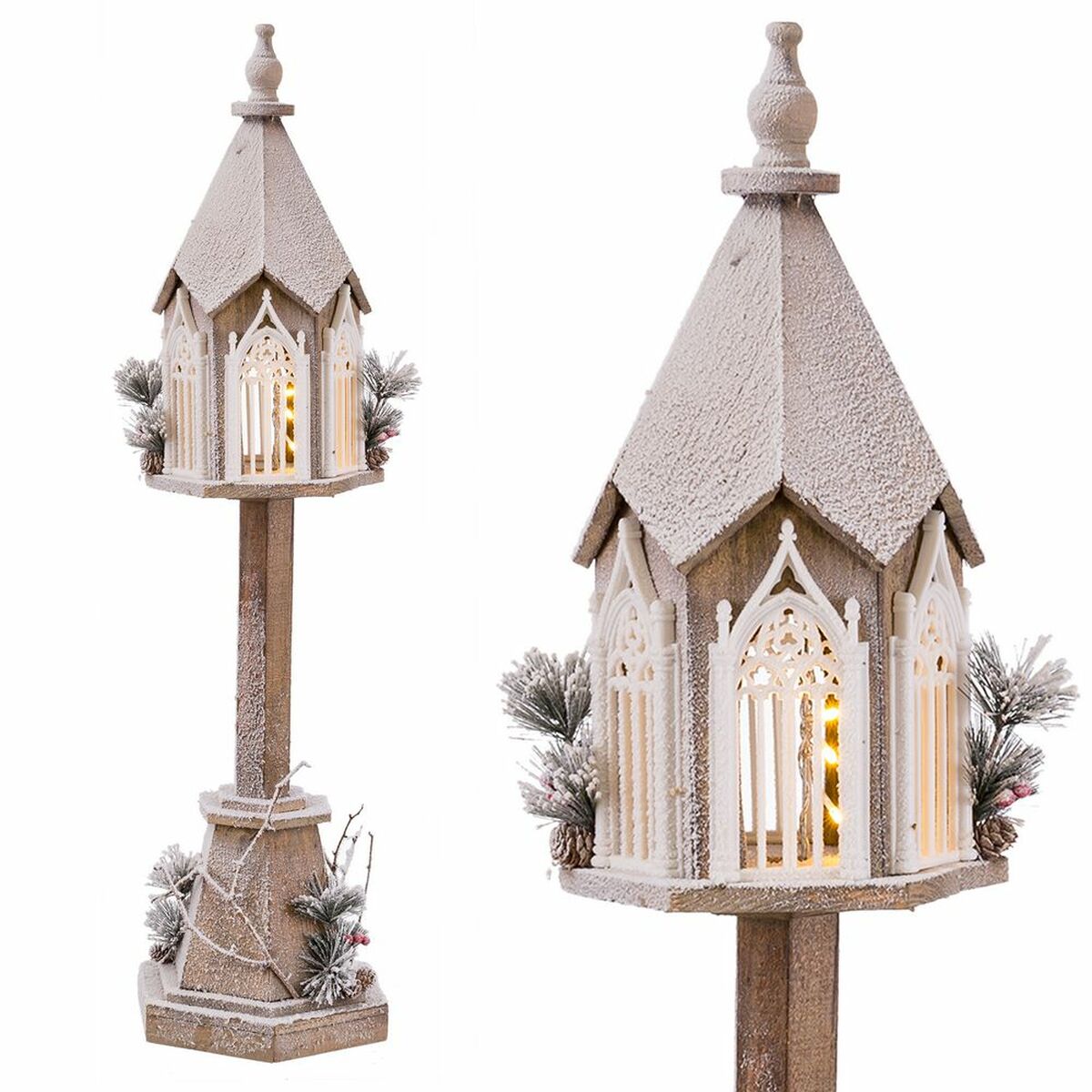 Новогоднее украшение Белый Зеленый Натуральный Деревянный Пластик Фонарь 28 x 25 x 100 cm-3