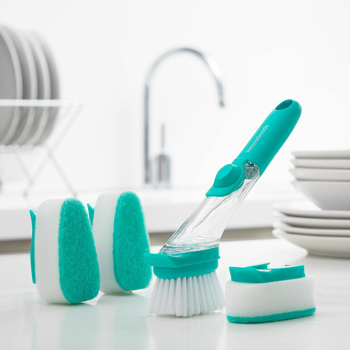 Brush sponge with handle and detergent dispenser Cleasy InnovaGoods Green Plastic (Revised B)-3