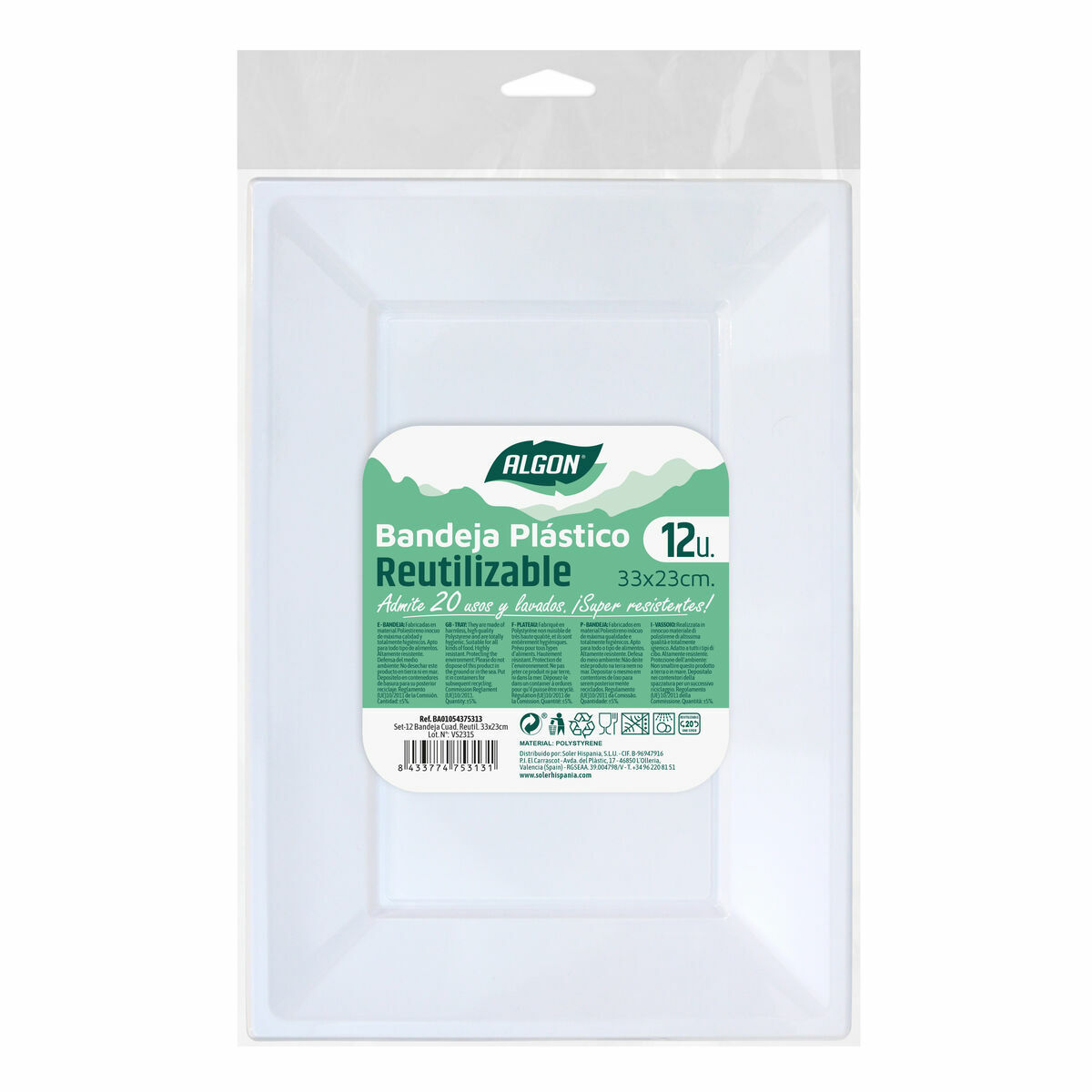 Algon Тікбұрышты Ақ Пластик 33 x 23 x 2 см (12 дана)-2