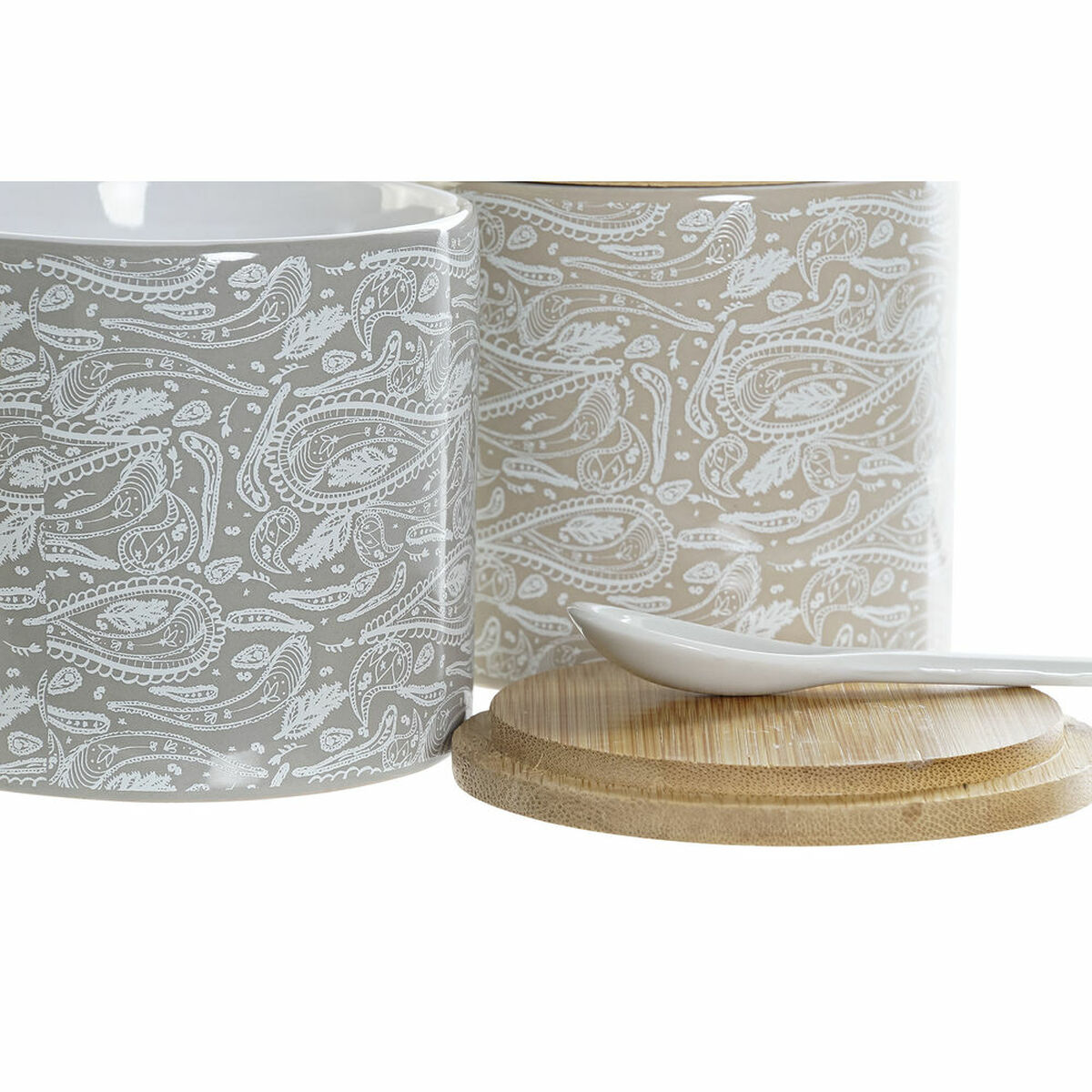 Sugar Bowl DKD Home Decor Beige Grey Natural Bamboo Ceramics 4 Items 9.5 x 9.5 x 9.5 cm-2