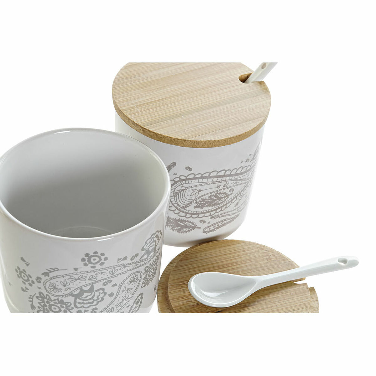 Sugar Bowl DKD Home Decor Beige Grey Natural Bamboo Ceramics 4 Items 9.5 x 9.5 x 9.5 cm-3