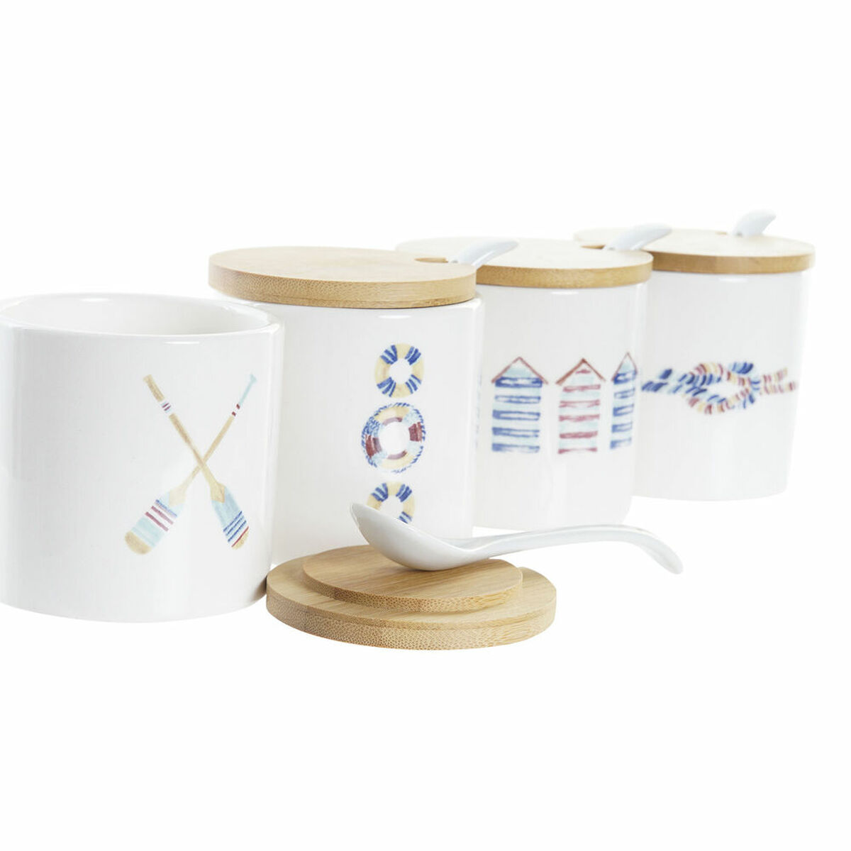 Sugar Bowl DKD Home Decor Sailor White Multicolored Bamboo Dolomite 4 Items 7.5 x 7.5 x 7.5 cm-2
