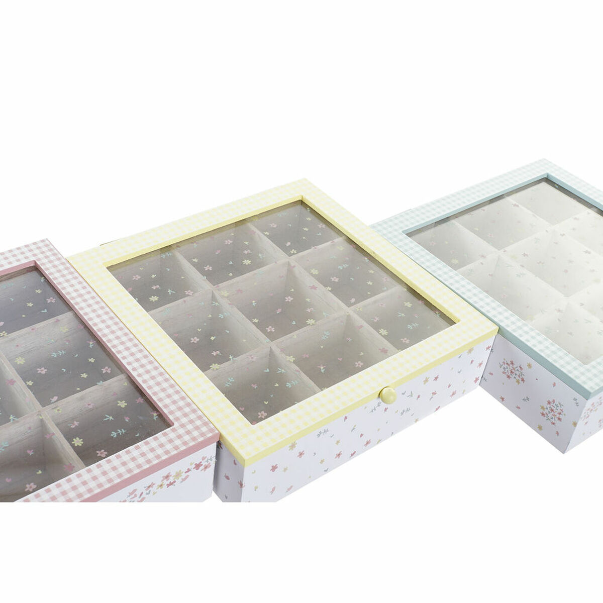 Tea Box DKD Home Decor Yellow Red Green Metal Glass Wooden MDF 3 Items 24 x 24 x 7 cm-2