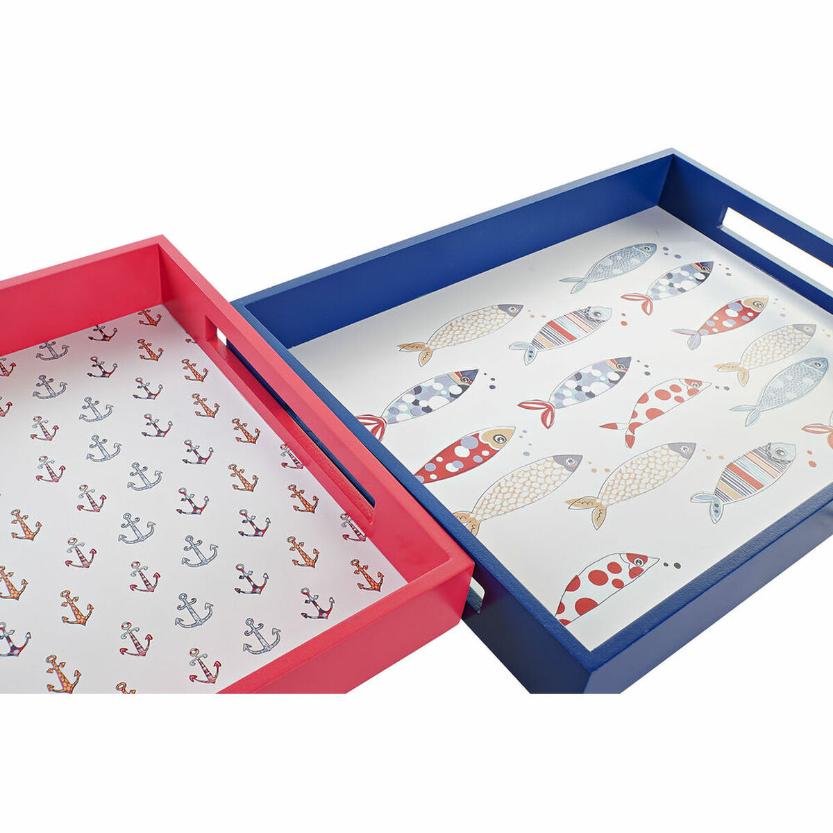 Snack tray DKD Home Decor Blue Coral Wooden MDF Mediterranean 40 x 30 x 5 cm (2 pieces)-2