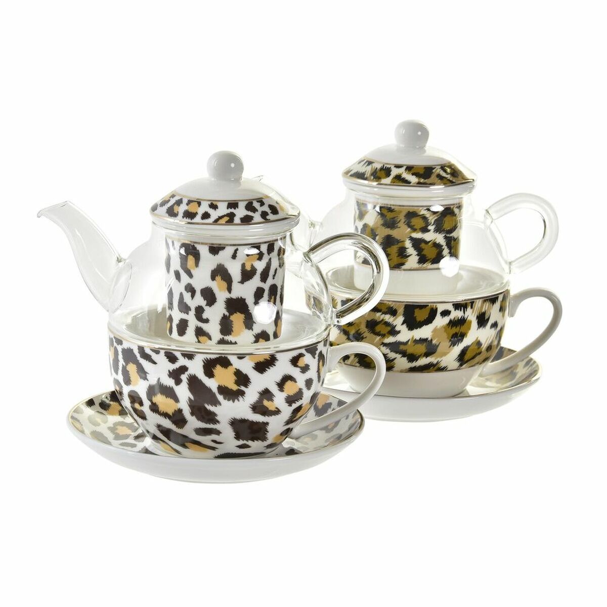 Шәйнек DKD Home Decor Леопард шыны фарфор қоңыр мөлдір ақ (2 дана)-2