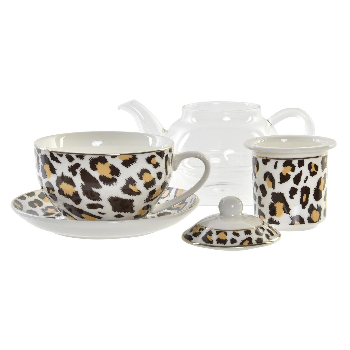 Шәйнек DKD Home Decor Леопард шыны фарфор қоңыр мөлдір ақ (2 дана)-4