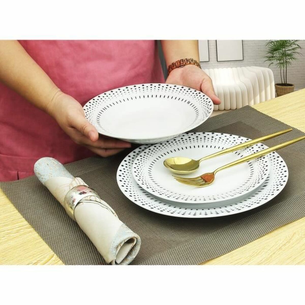 Набор посуды Rice grain Белый Чёрный Фарфор 18 Предметы-3