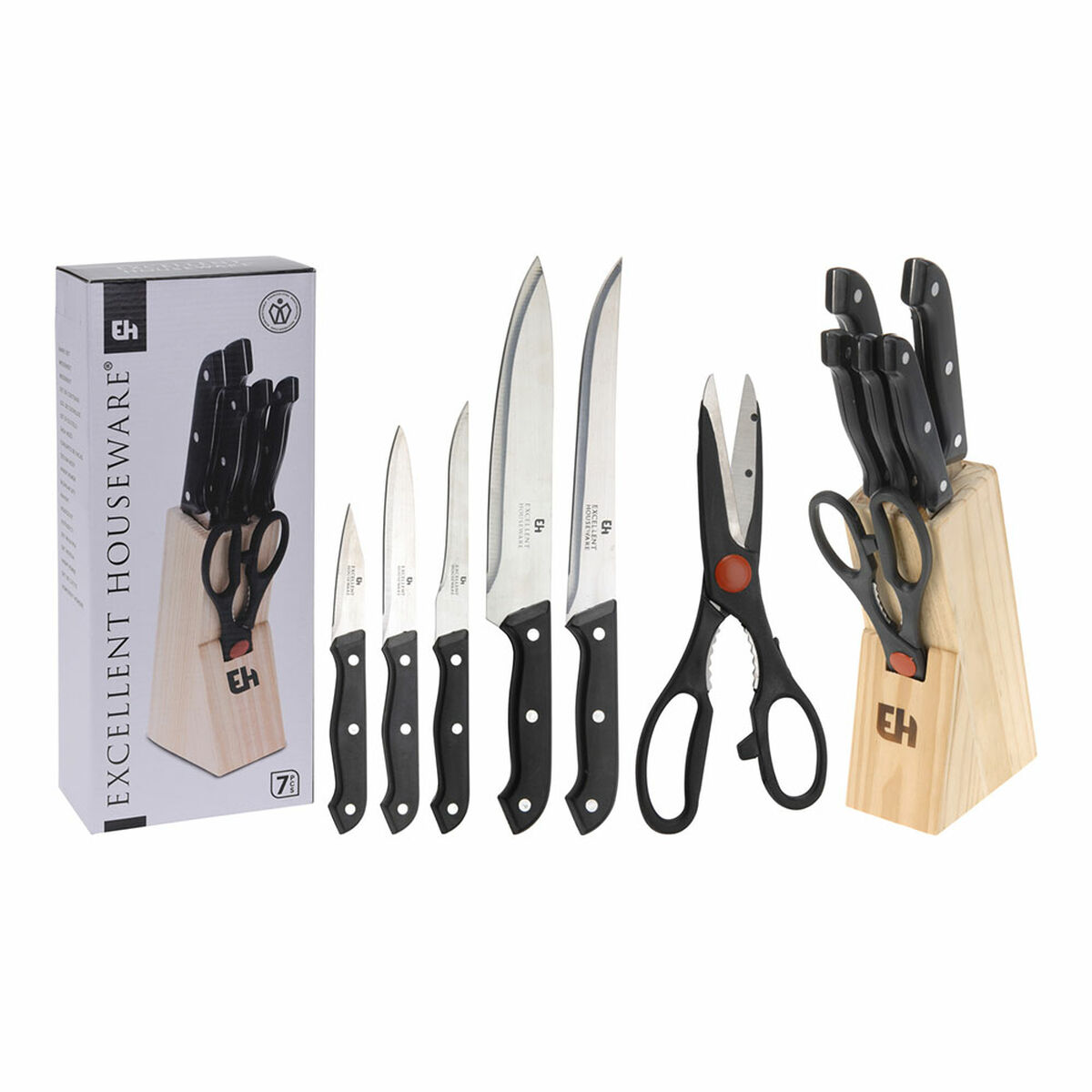 Кухонные ножи с подставкой Excellent Houseware Ножницы 7 Предметы Чёрный Деревянный Нержавеющая сталь полипропилен-2