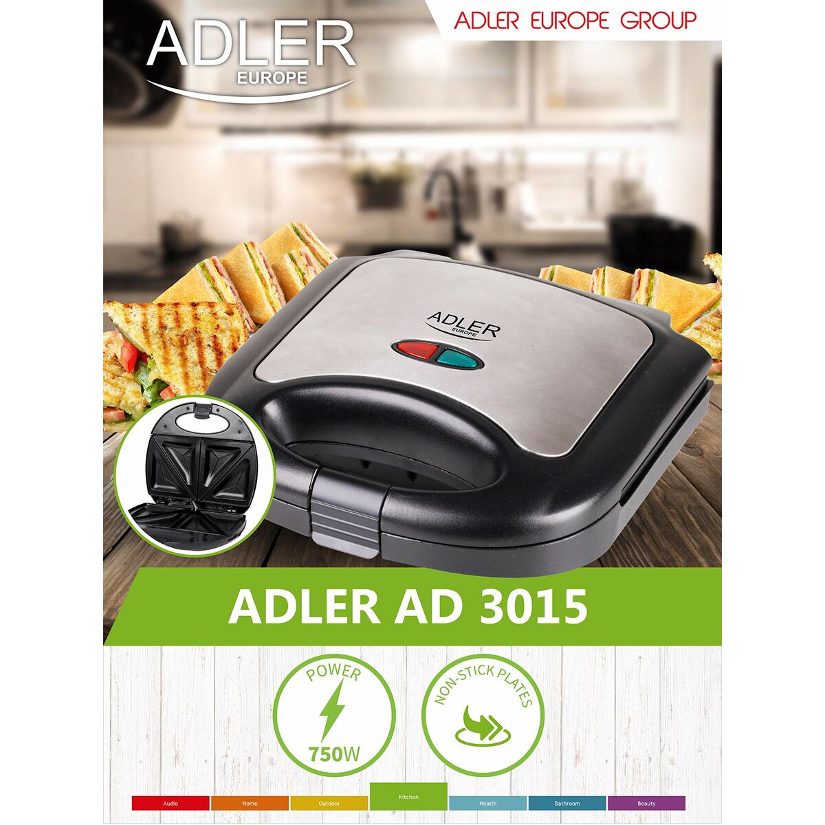 Бутербродница Adler AD 3015 Чёрный Разноцветный Серебристый 750 W-2