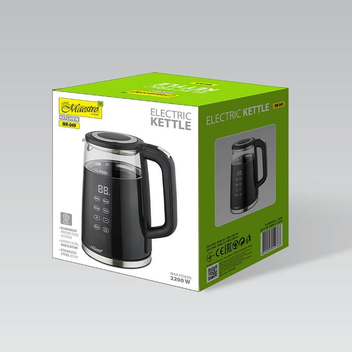 Шәйнек Feel Maestro MR-049 Қара мөлдір шыны боросиликат шыны 2200 W 1,7 L-2