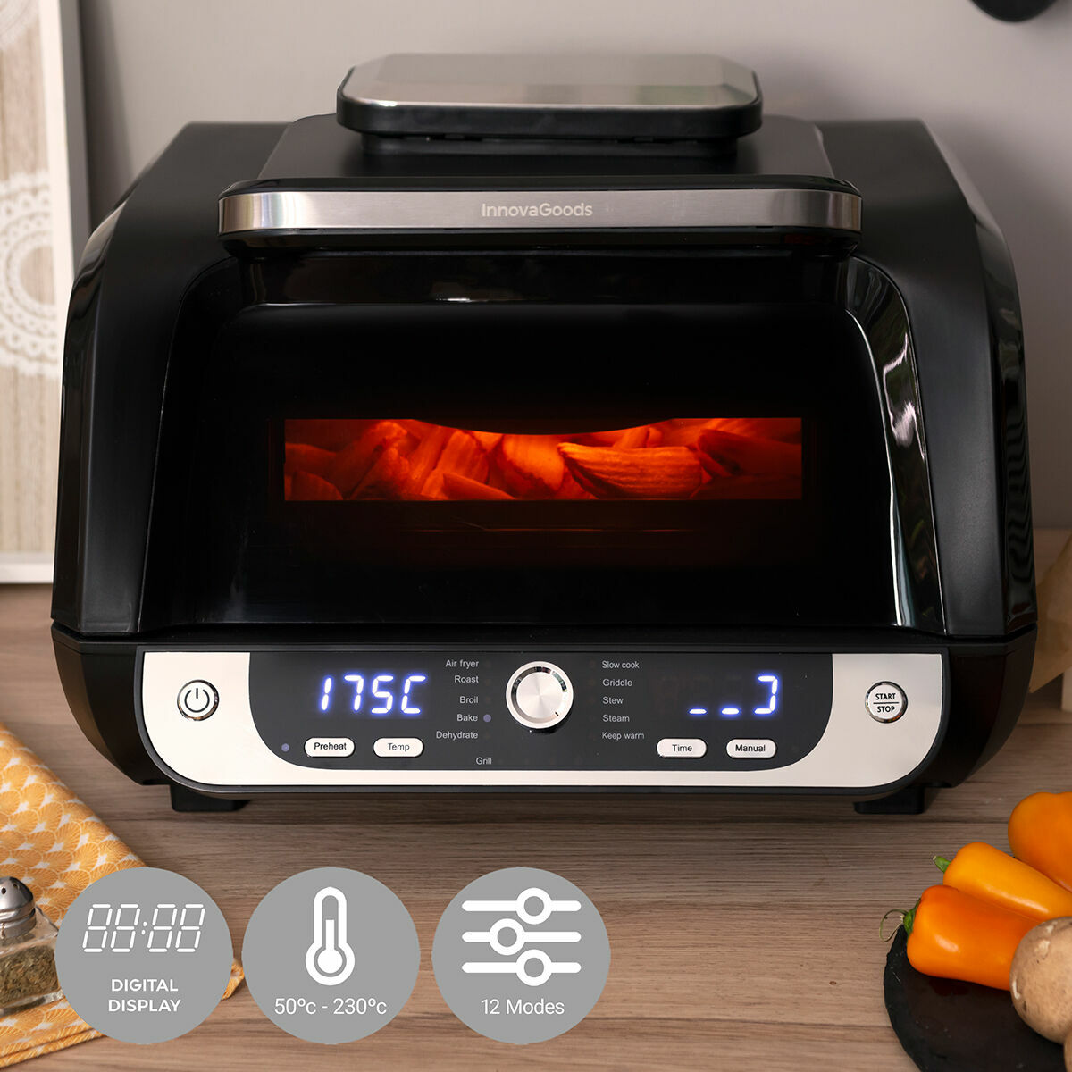 Аэрофритюрница с грилем, аксессуарами и книгой рецептов InnovaGoods Fryinn 12-in-1 6000 Чёрный Сталь 3400 W 6 L-6