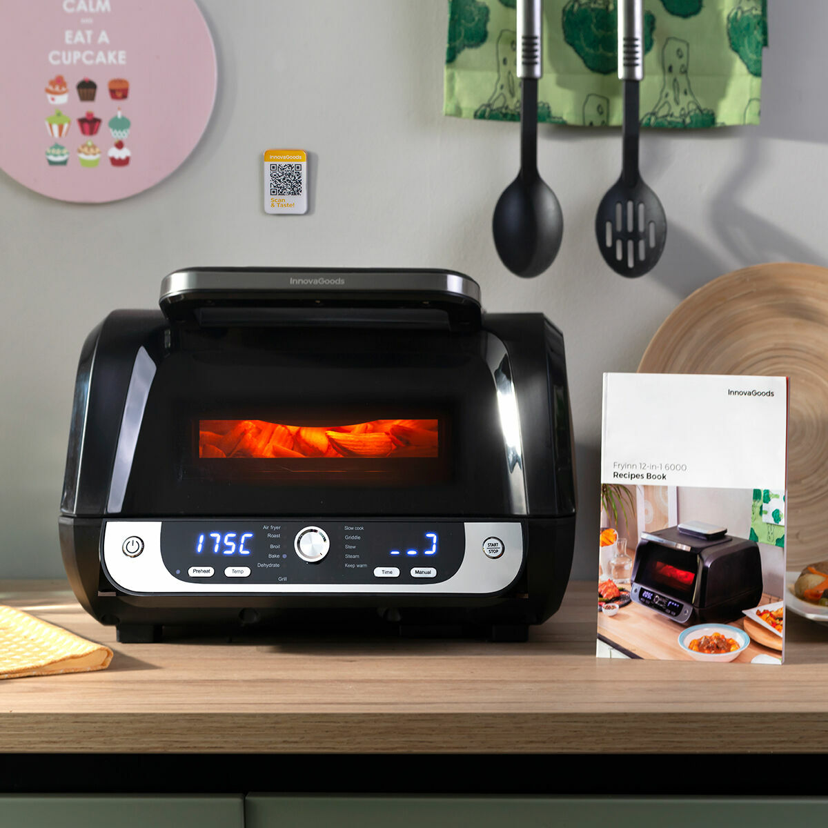 Аэрофритюрница с грилем, аксессуарами и книгой рецептов InnovaGoods Fryinn 12-in-1 6000 Чёрный Сталь 3400 W 6 L-8