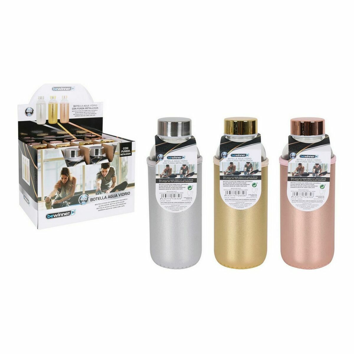 Water Bottle Bewinner Glass Metal 400 ml 6.9 x 6.9 x 19 cm (12 pieces)-2