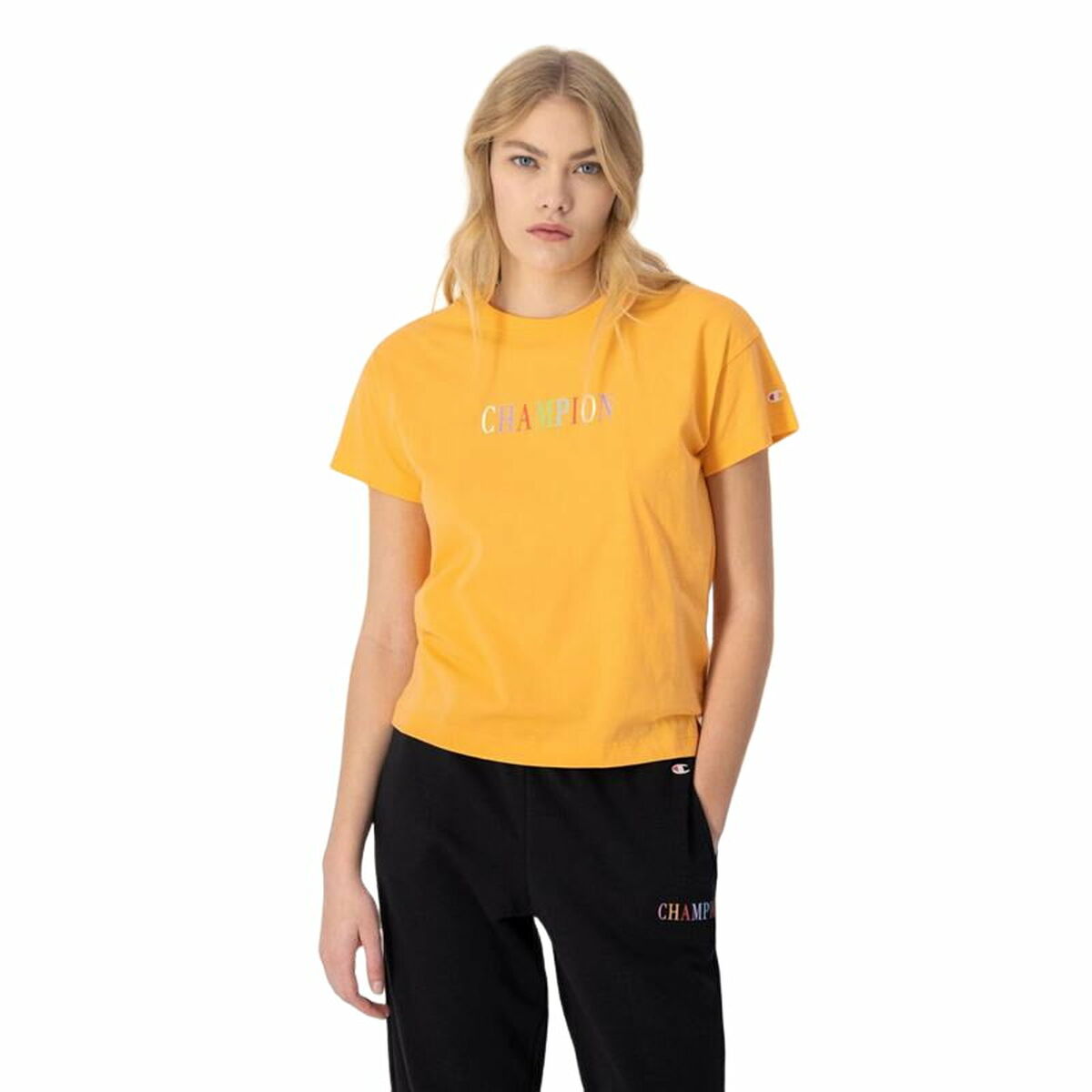 Kurzarm T-Shirt Damen Champion Crewneck Croptop Gelb