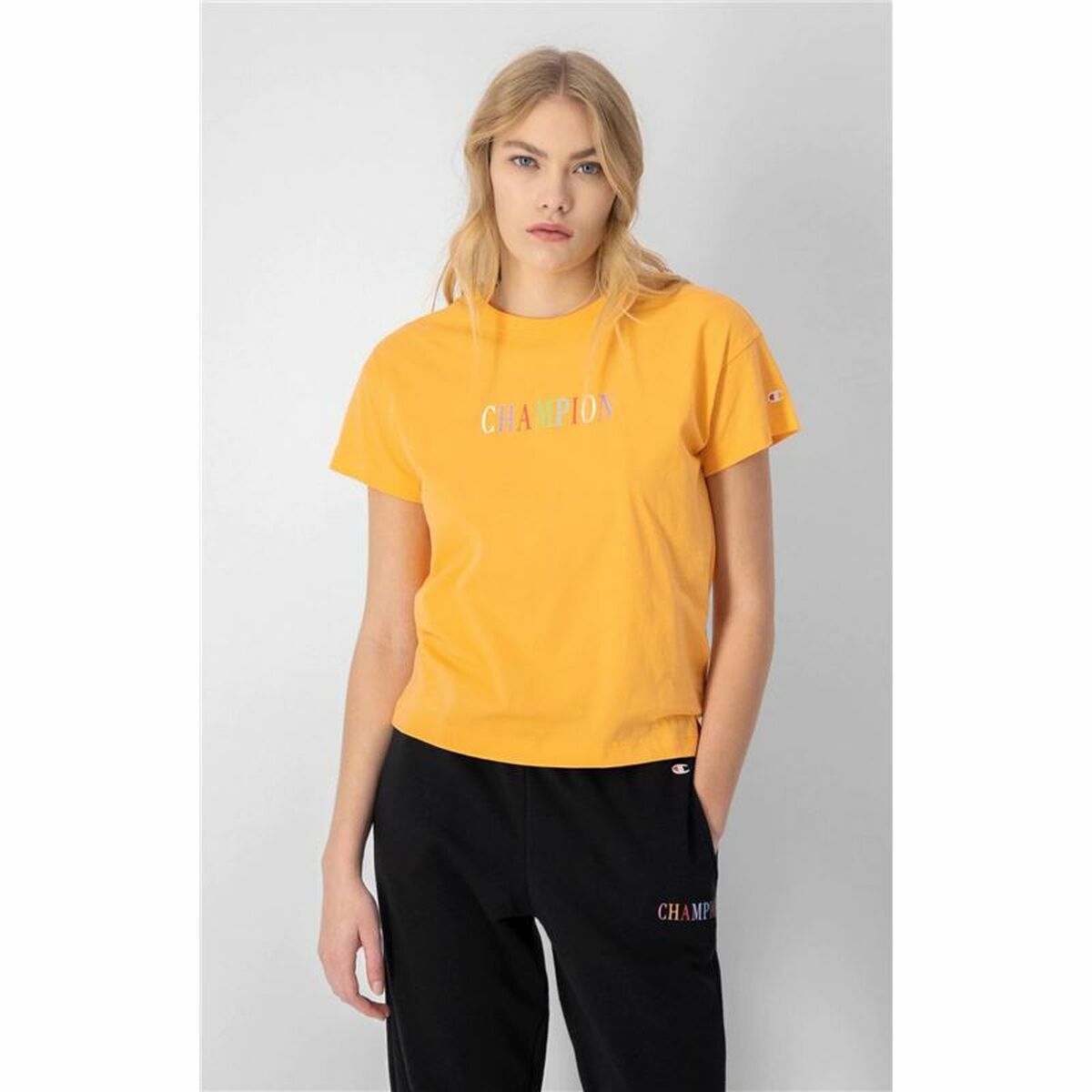 Kadınlar Şampiyonu Crewneck Croptop Kısa Kollu Tişört Sarı-8