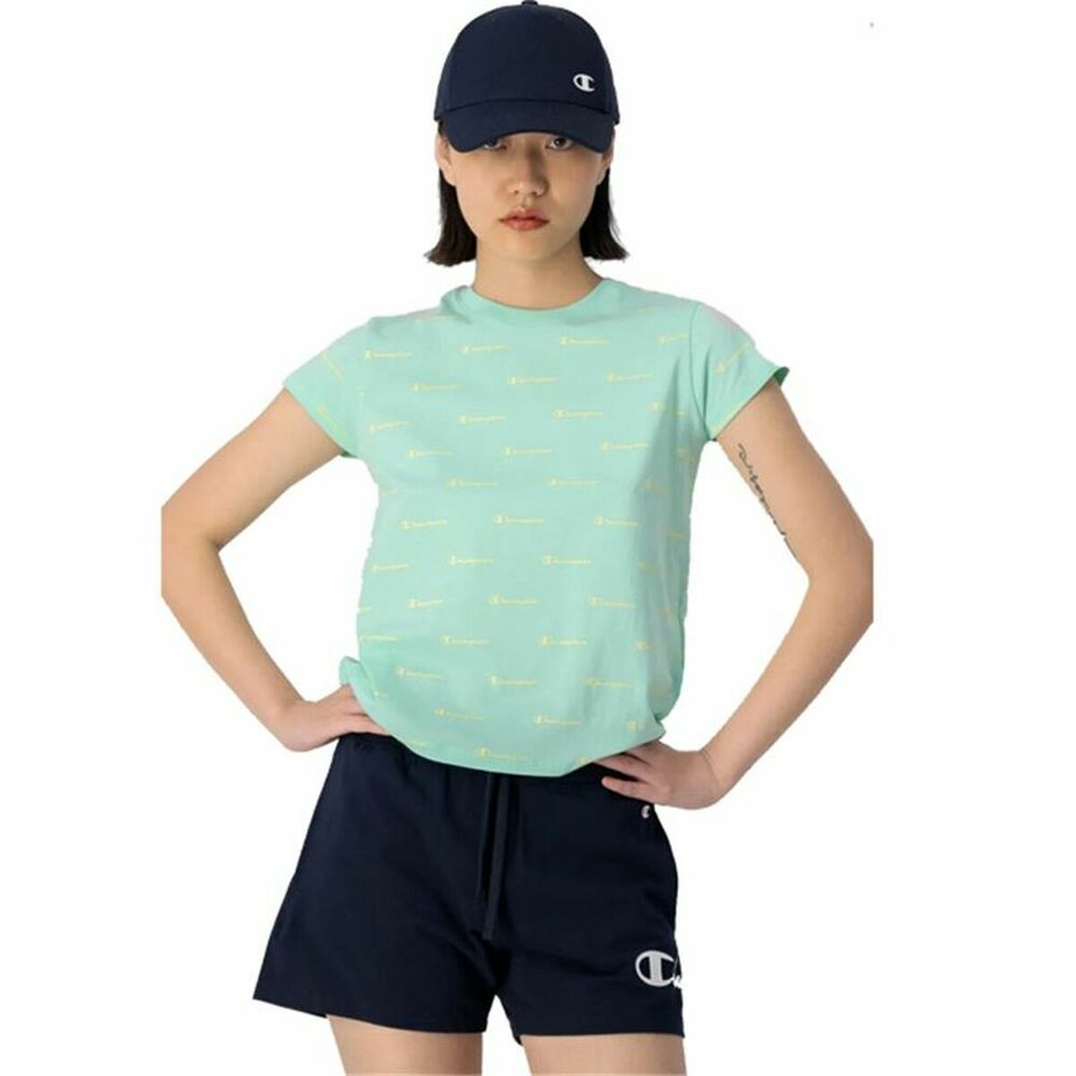 短袖女子Crewneck Champion Croptop Aquamarine T恤-3