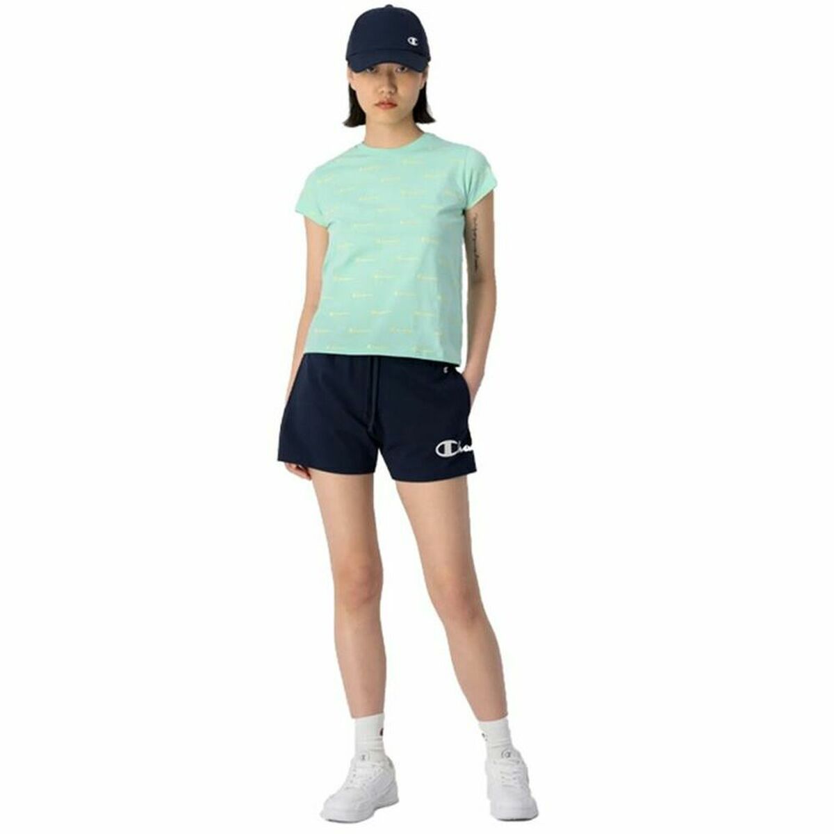 短袖女子Crewneck Champion Croptop Aquamarine T恤-5