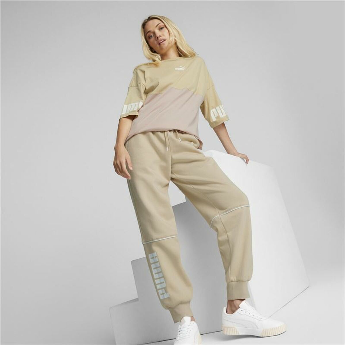 Adult Sweatpants Puma Colorblock Beige Woman-2