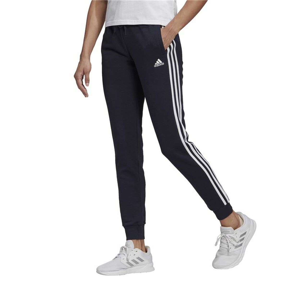 长运动裤Adidas Essentials French Terry 3条纹女人深蓝色-6