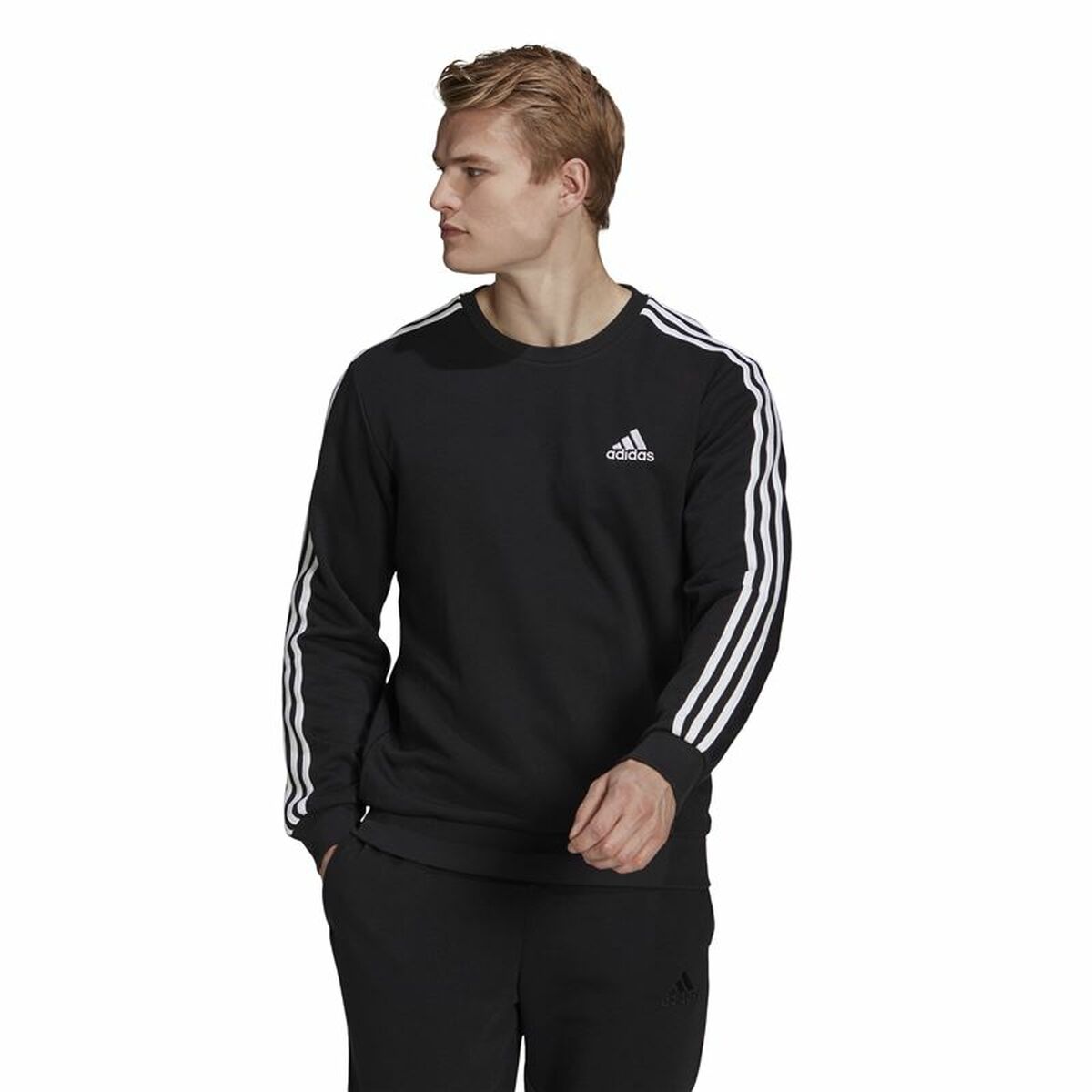 无帽运动衫男子Adidas Essentials 3条纹法国特里黑色-2