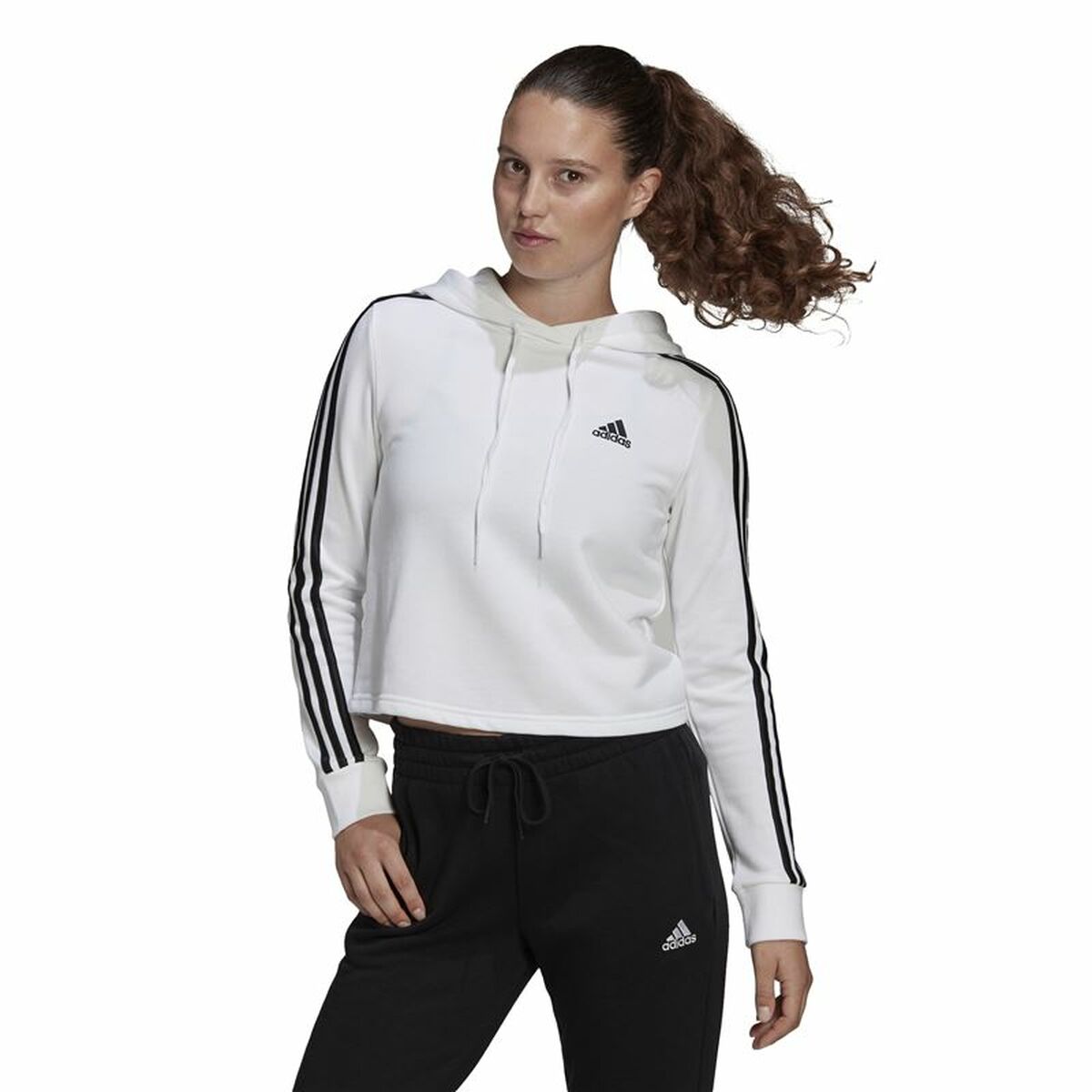 连帽运动衫女子Adidas Essentials Cropped 3条纹白色-2