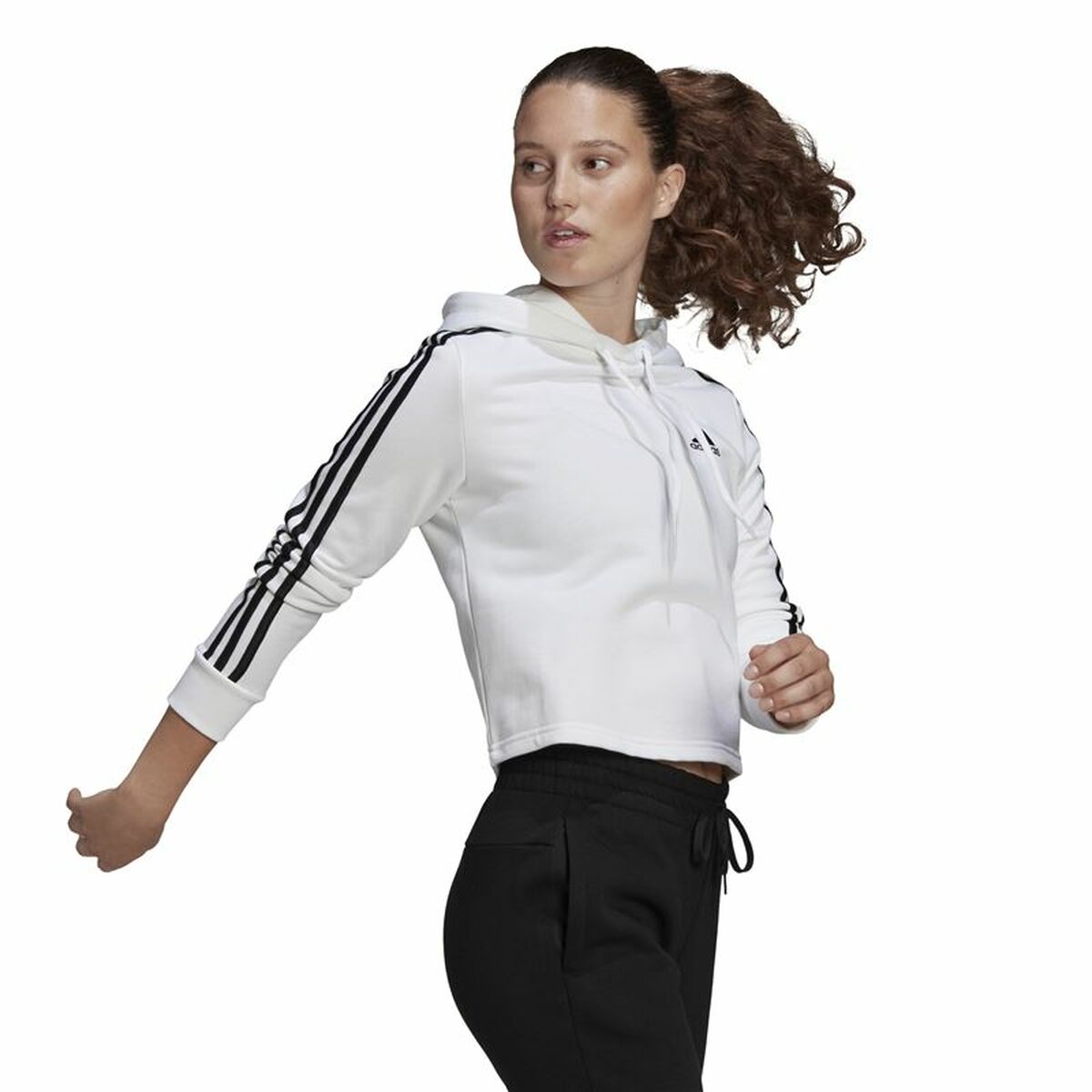 连帽运动衫女子Adidas Essentials Cropped 3条纹白色-4
