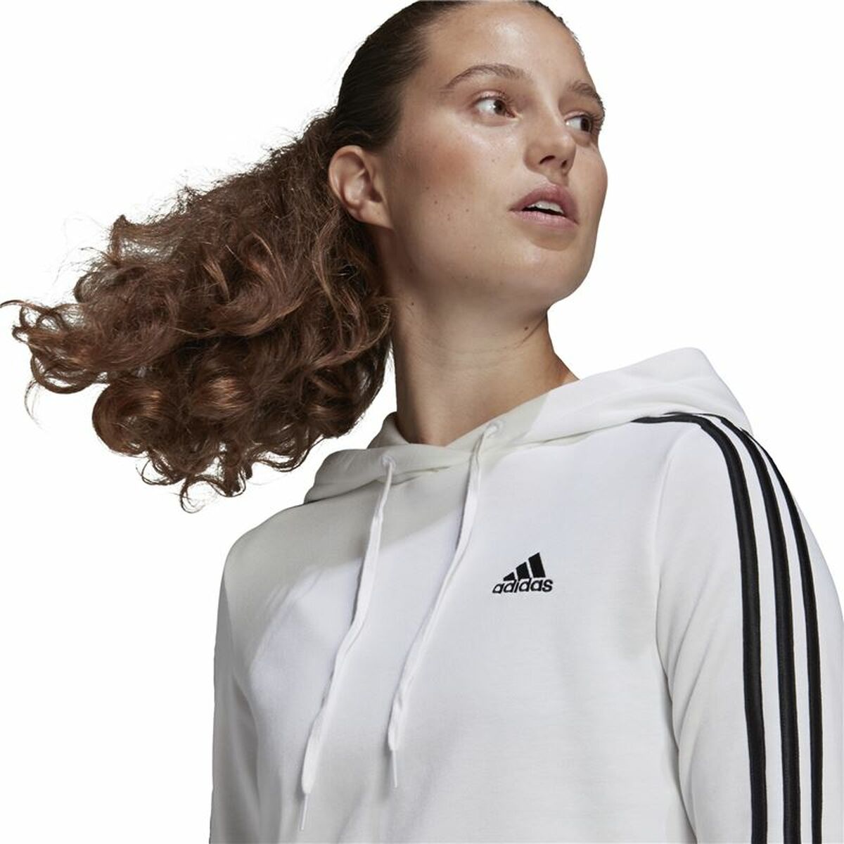 连帽运动衫女子Adidas Essentials Cropped 3条纹白色-5