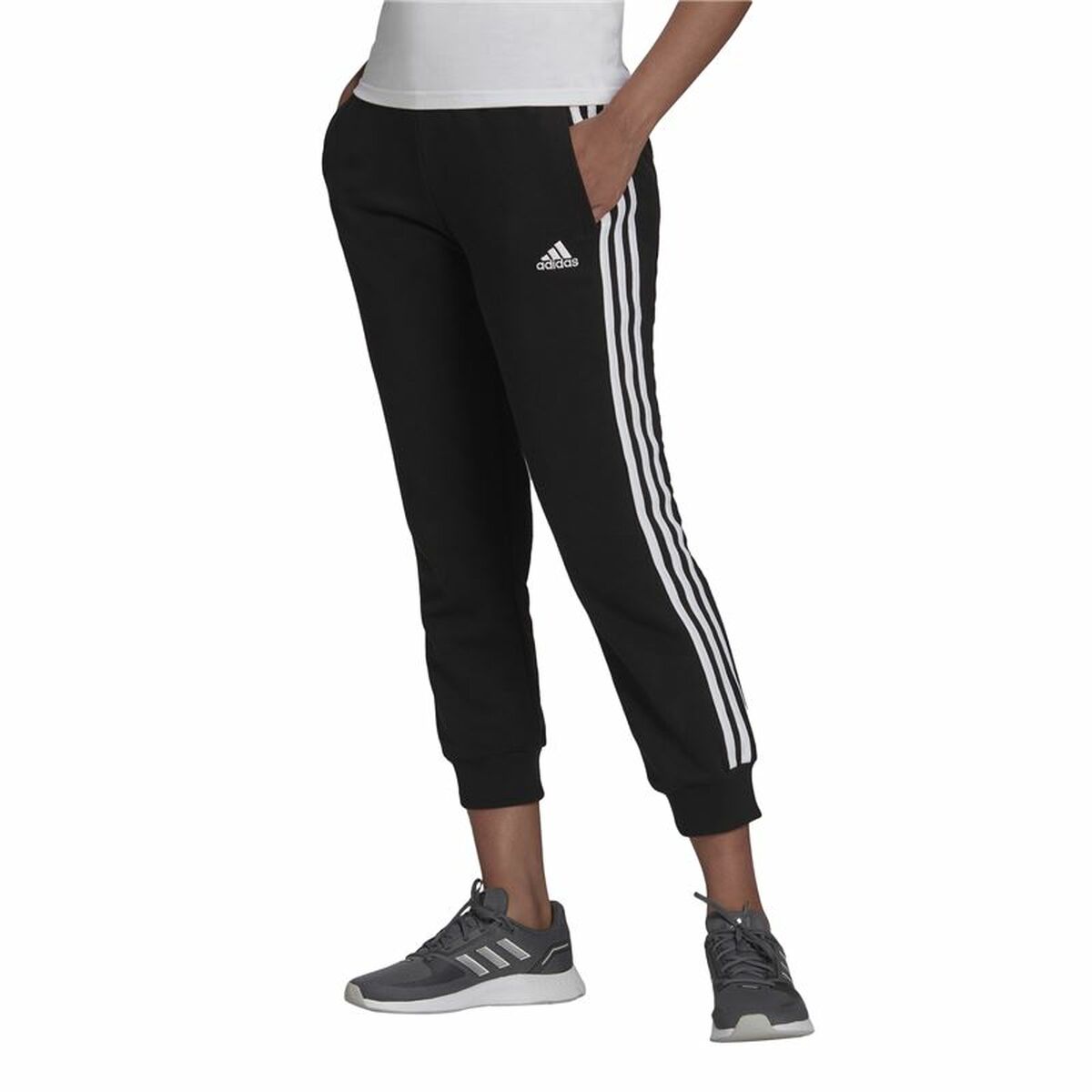 长运动裤Adidas Essentials Studio Lounge Cuffed 3条条纹女性黑色-6