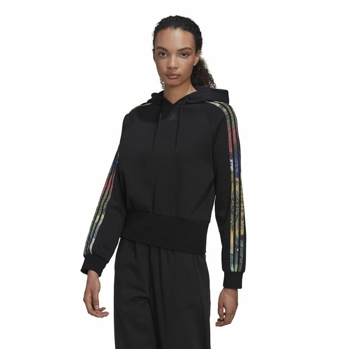 连帽运动衫女子Adidas Allover打印黑色-2