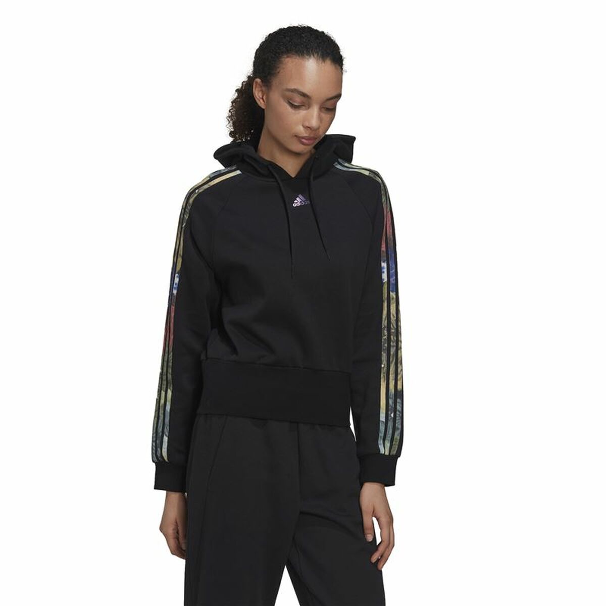 连帽运动衫女子Adidas Allover打印黑色-4