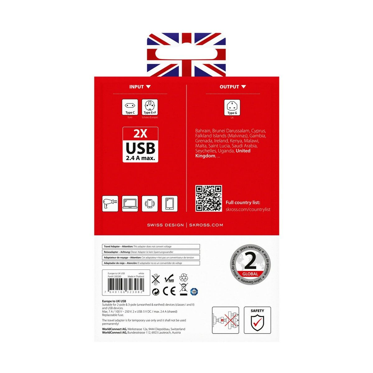 Электрический адаптер Skross 1500280 USB x 2 Европейская Великобритания-6