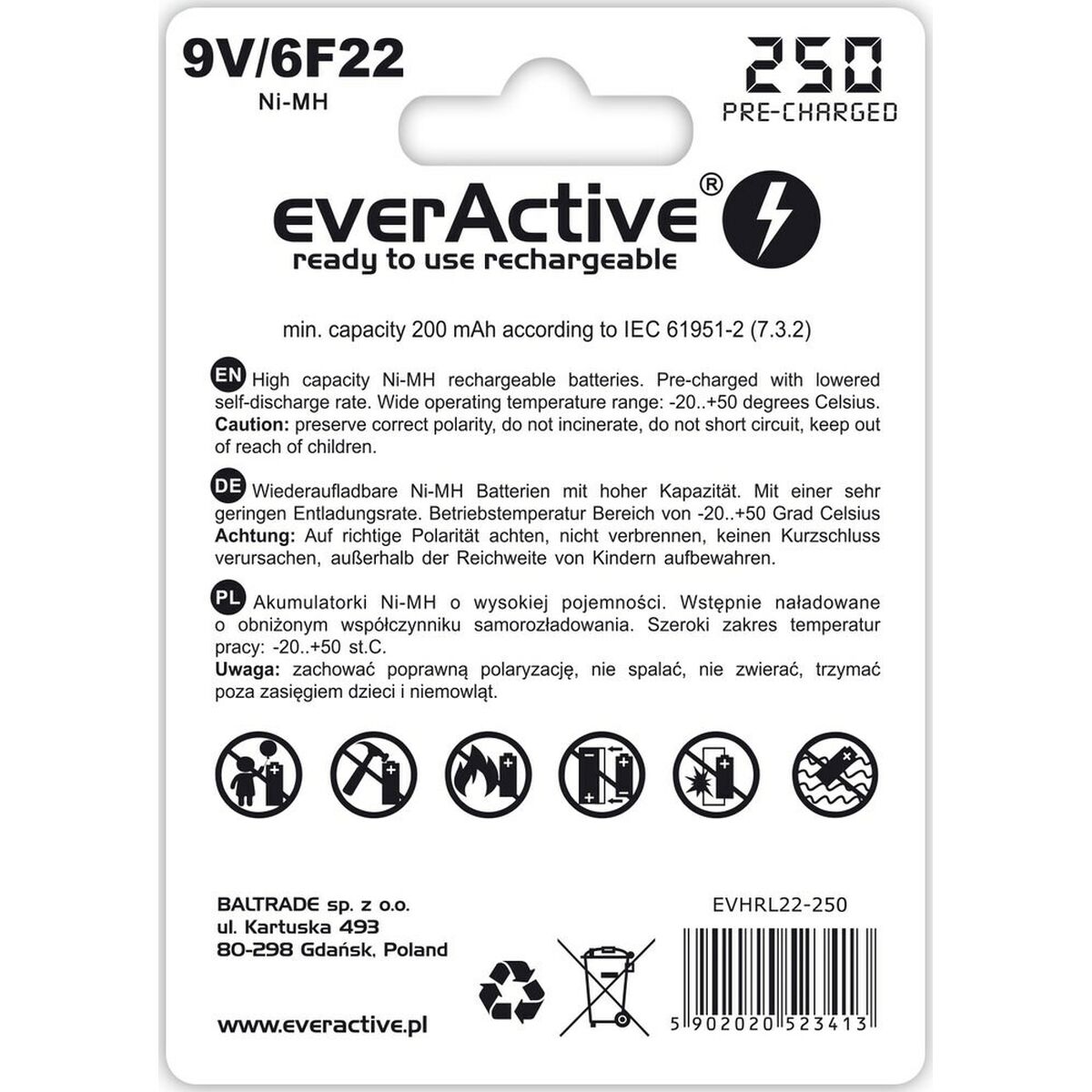 Аккумуляторные батарейки EverActive EVHRL22-250 6F22 200 mAh 9 V-2