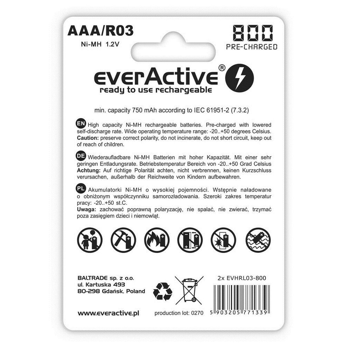 Аккумуляторные батарейки EverActive EVHRL03-800 AAA R03 1,2 V 3.7 V (2 штук)-2