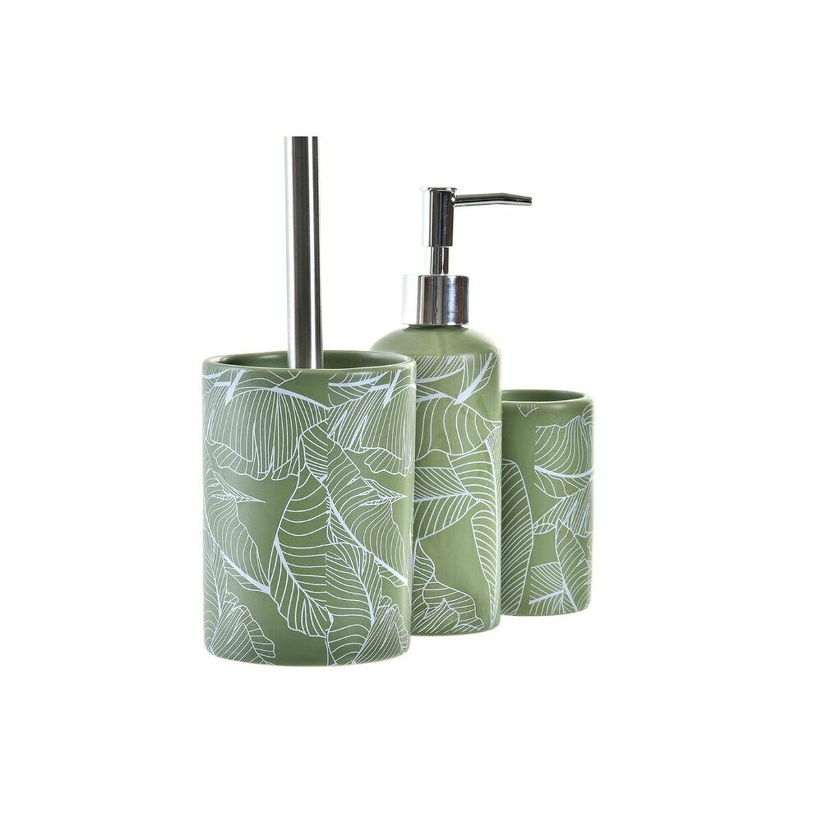 Bathroom set DKD Home Decor Green Silver Polypropylene Dolomite Tropical Plant Leaf 9.5 x 9.5 x 37 cm-4