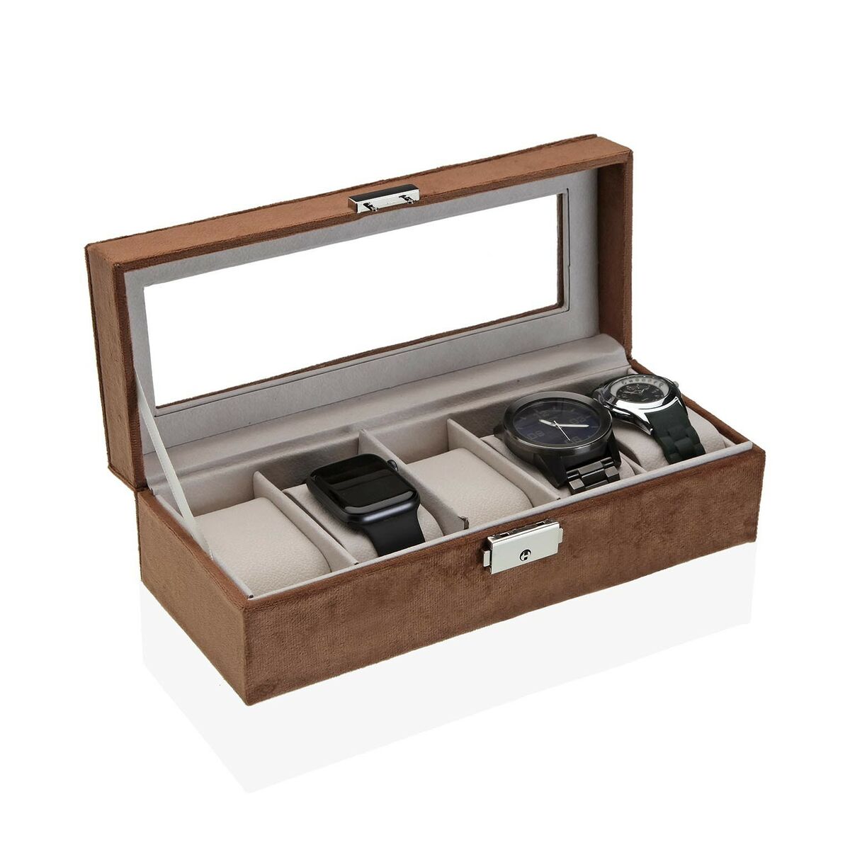 Versa Watch Box Brown Velour Wooden Leather Mirror Wooden MDF 10 x 7.2 x 25.5 cm-2