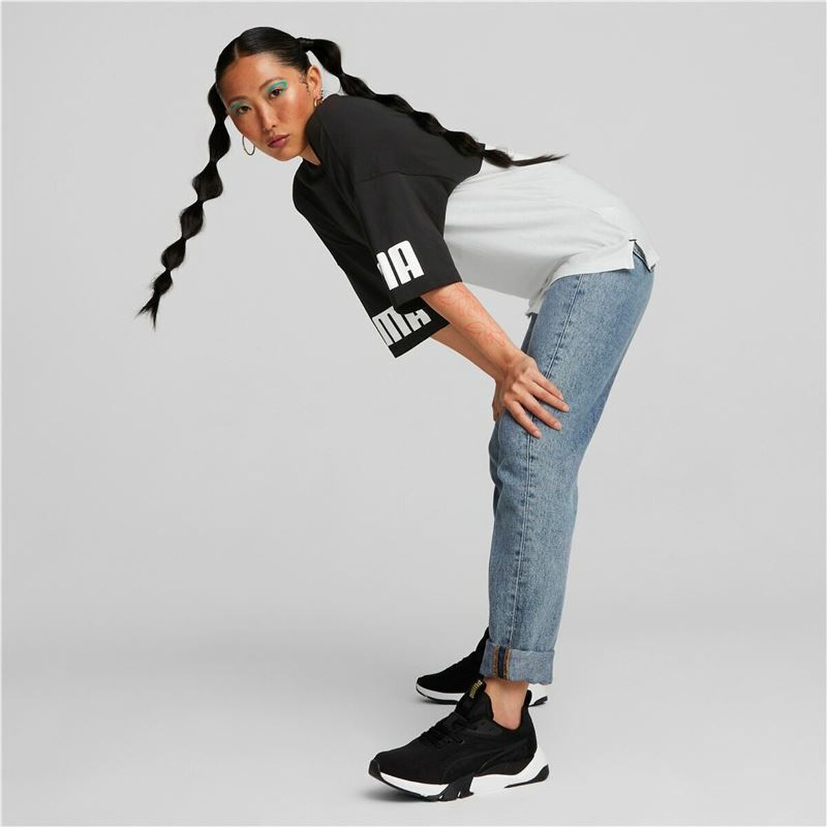 Camisa de manga curta feminina Puma Power Colorblock Branco Preto-4