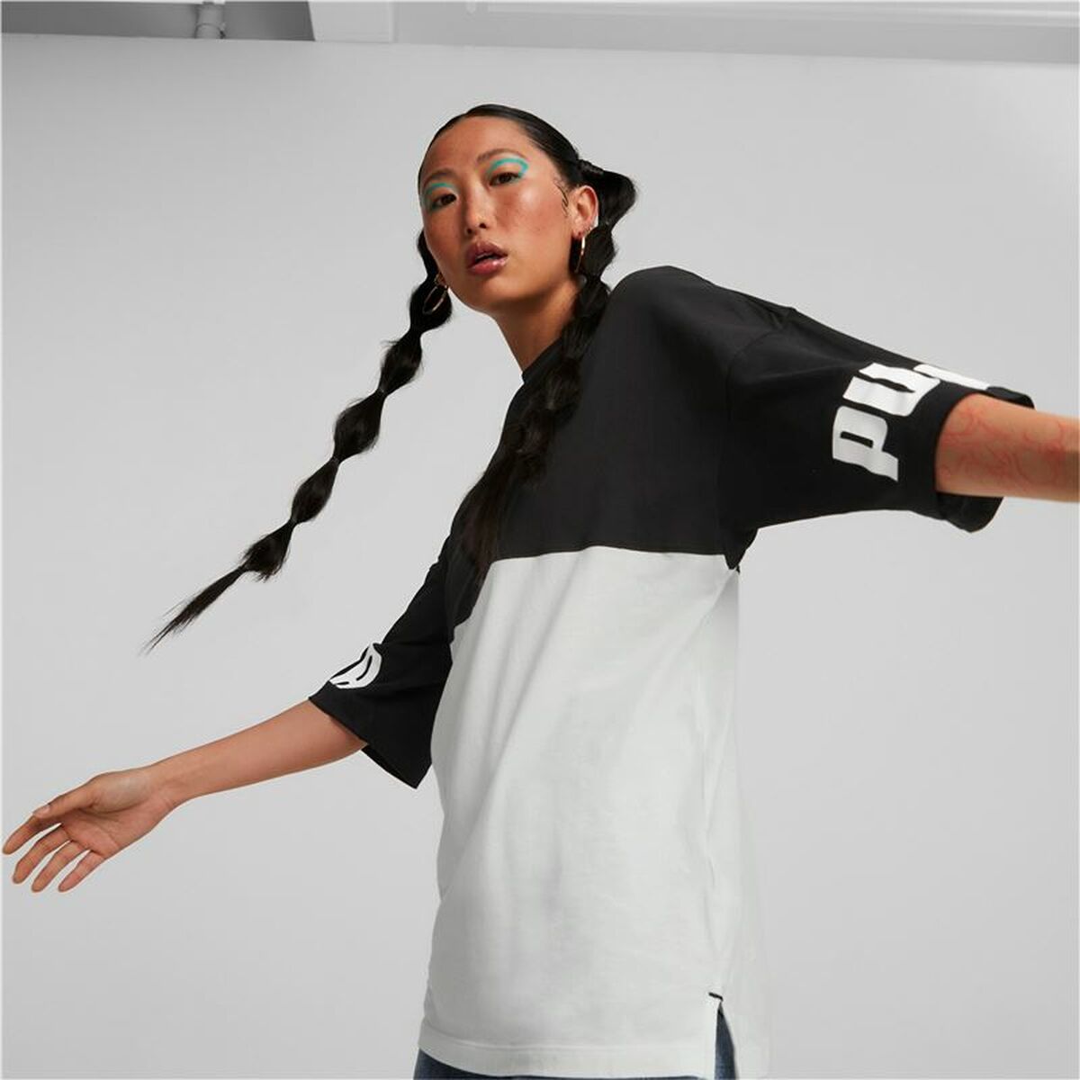 Camisa de manga curta feminina Puma Power Colorblock Branco Preto-6