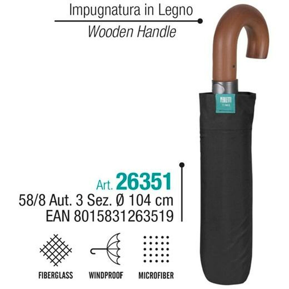 Складной зонт Perletti 58/8 Деревянный Чёрный Ø 104 cm-2
