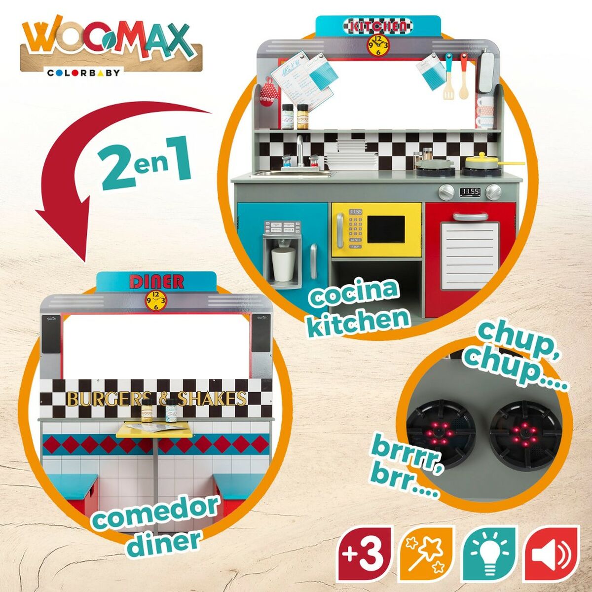 玩具厨房Play&Learn Retro 90 x 104 x 58 cm-5
