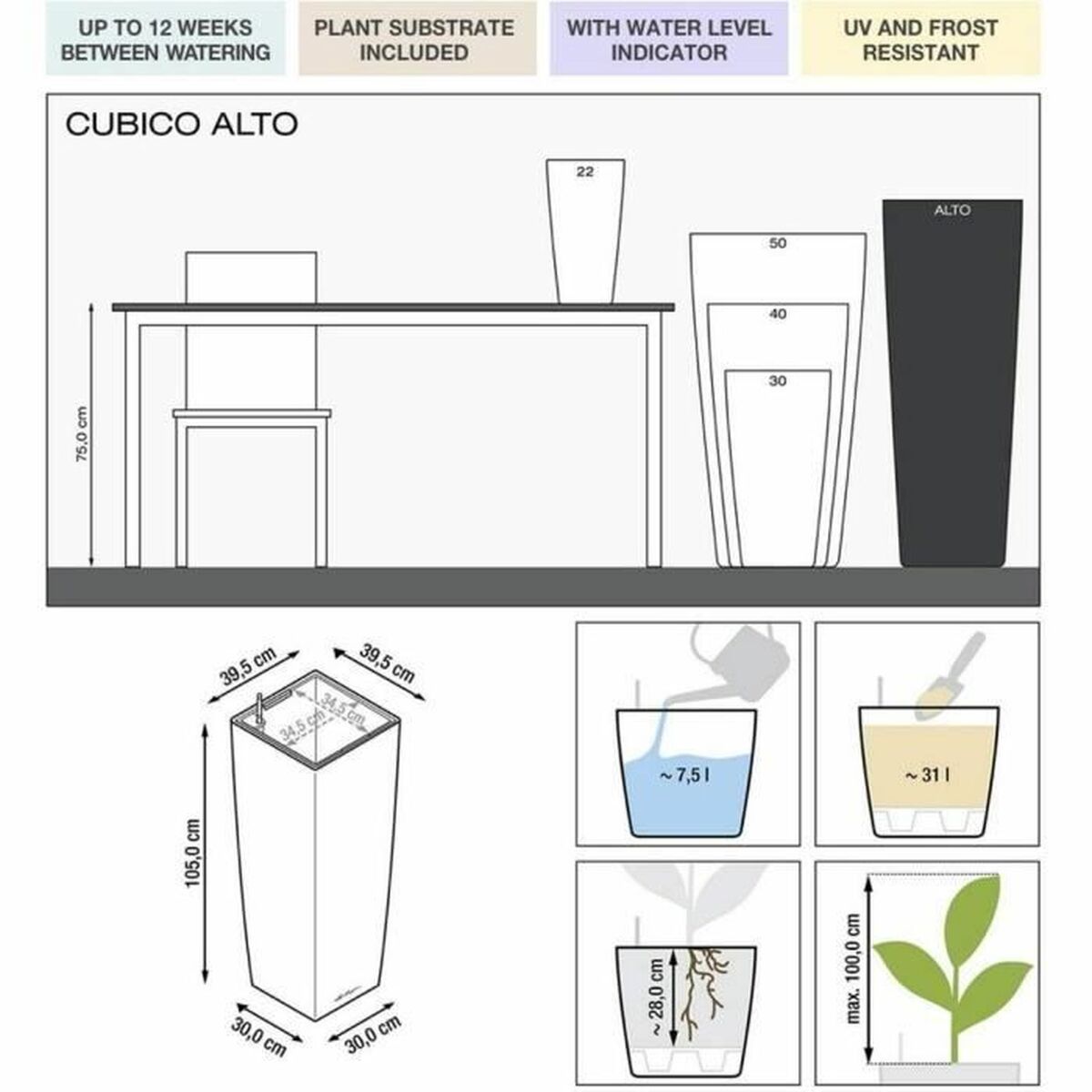 Gül küýzesiniň aşagyndaky stend Lechuza 40 x 40 x 105 sm Plastmassa Dik burçly-2