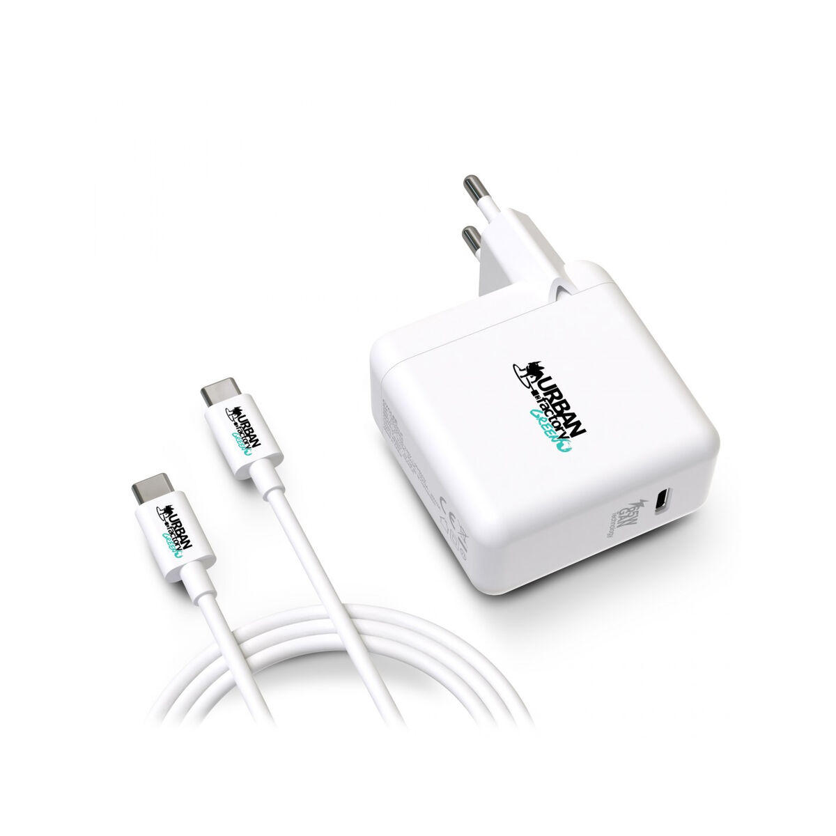 Charger for socket + Cable-USB C Urban Factory GSC65UF White-2