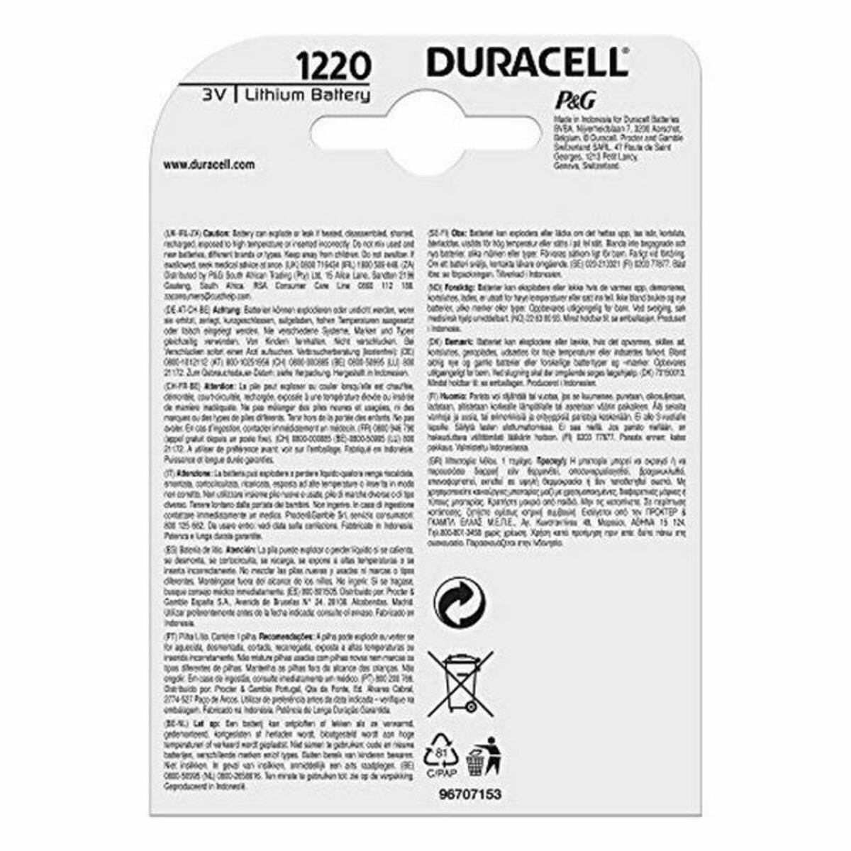 Литиевая батарейка таблеточного типа DURACELL DL1220 CR1220-2