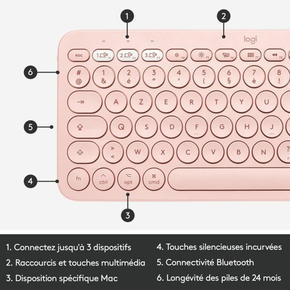 Logitech пернетақтасы K380 француз қызғылт AZERTY-2